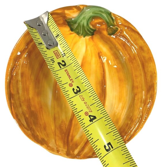 Pumpkin Dish 5" Snack Bowl Made in Italy Set of 2 Handpainted Orange Green Stem - Picture 6 of 7